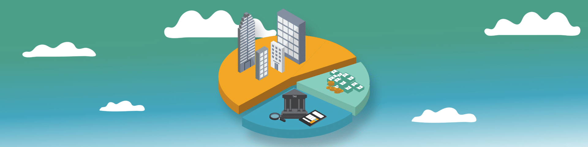 an illustration of buildings, money and businesses on top of a colourful pie chart